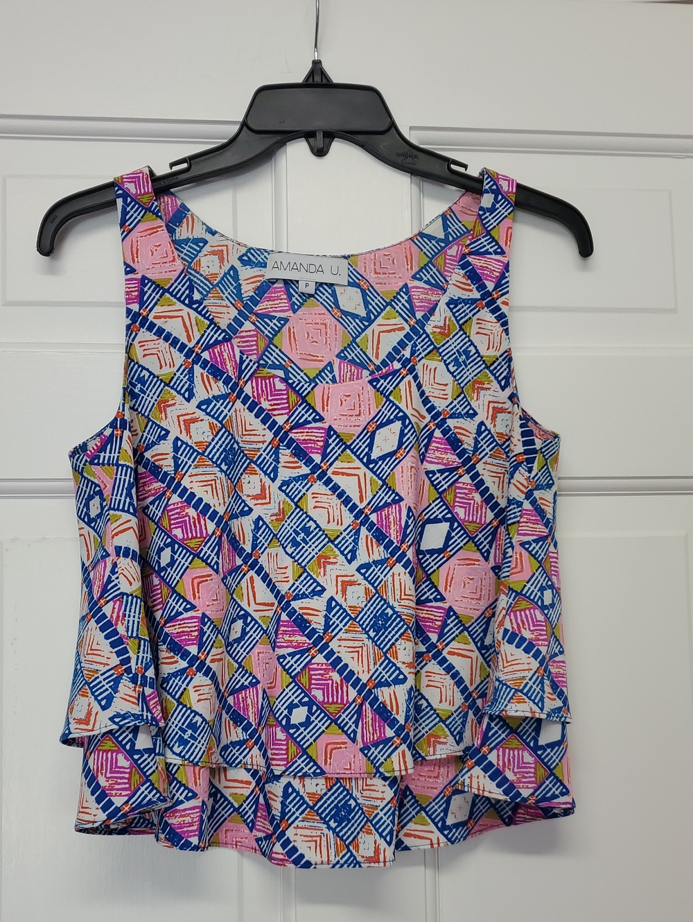 Amanda Uprichard Geometric Cold-Shoulder Top in Blue, Pink & Orange Size Petite